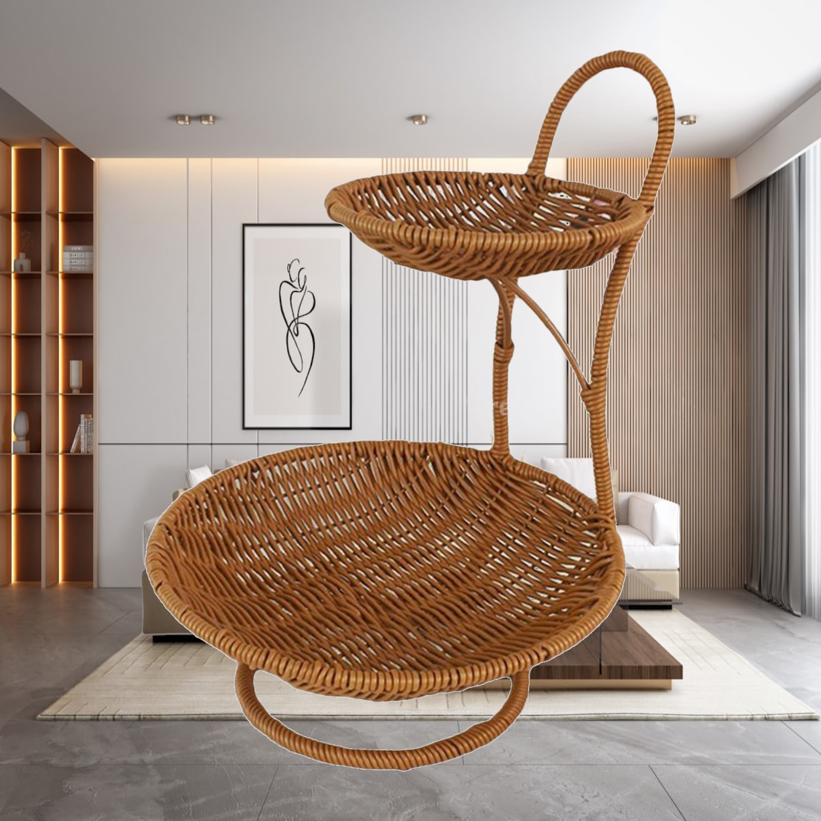 Rattan Tray Handle - Yuvarlak Yiyecek Servis Sepeti Depolama Rafı